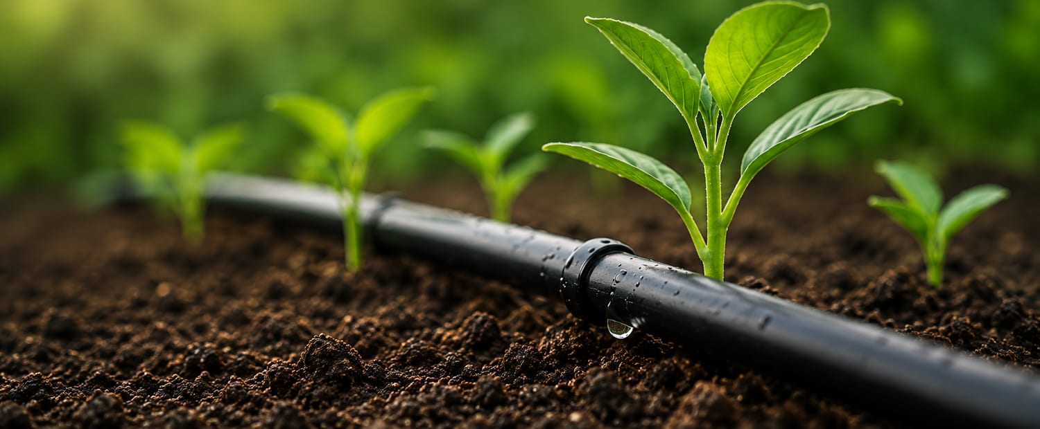 Drip irrigation pipe with young plant for modern farming solutions