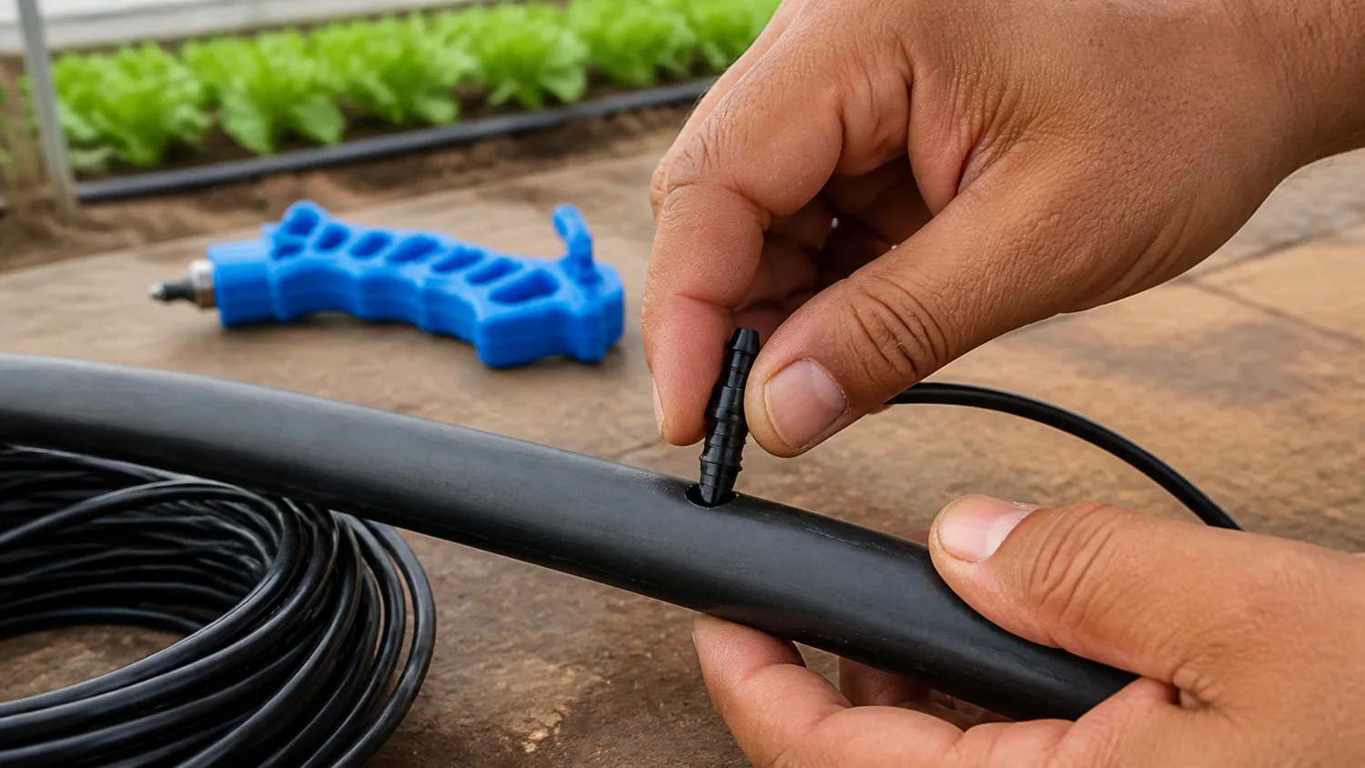 Inserting a barbed drip connector into a clean punched LDPE irrigation pipe hole