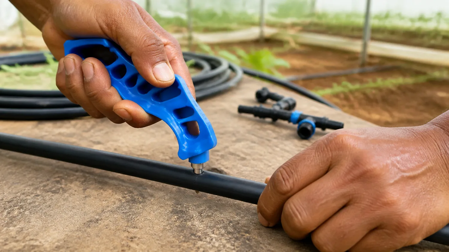 Using a 3 mm punch to make a clean hole in LDPE greenhouse irrigation pipe